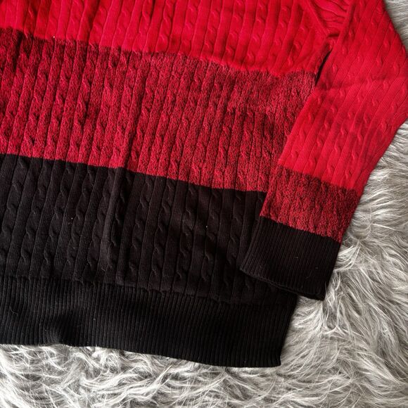 Karen Scott Sweater Sz L Pullover Red Black Stripe Cableknit Winter Fall Festive - Picture 2 of 8
